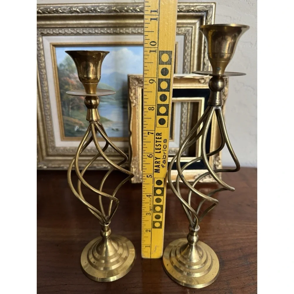 Vintage 1960s-70s Brass Open Spiral Cage Candlestick Holders, Pair‎